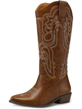Women’s Brown Mid-Calf Cowboy Boots Embroidered Pointed Toe Chunky Heel